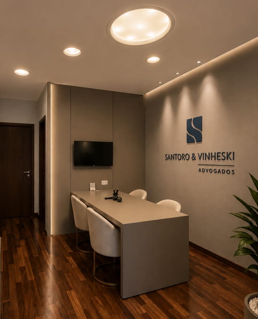Sala de reunião do escritório Santoro & Vinheski, no Batel, em Curitiba